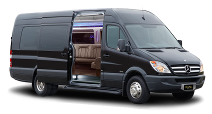Black Mercedes limo bus with side door open, displaying 13 passenger seating